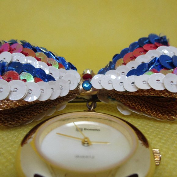 BONETTO Watch Red White Blue SEQUINS Gold Mesh Bow - Picture 4 of 7